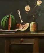 Mica Popovic 80x90cm – Mrtva priroda sa lubenicom, flasom i cvecem – 1988.godina – ulje i aplikacija na platnu – svojstvo kulturnog dobra
